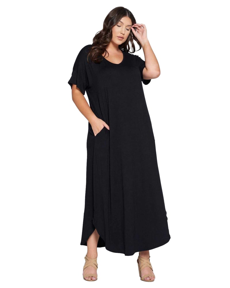 Front of a model wearing a size 3X Scarlett Maxi Dress in Black by L I V D. | dia_product_style_image_id:368209